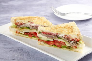 Dilimlenmiş etli sandviç tablo ile beyaz plaka closeup 