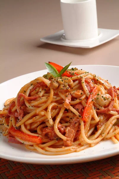 Smakelijke Tomaat Pasta Vergrote Weergave — Stockfoto