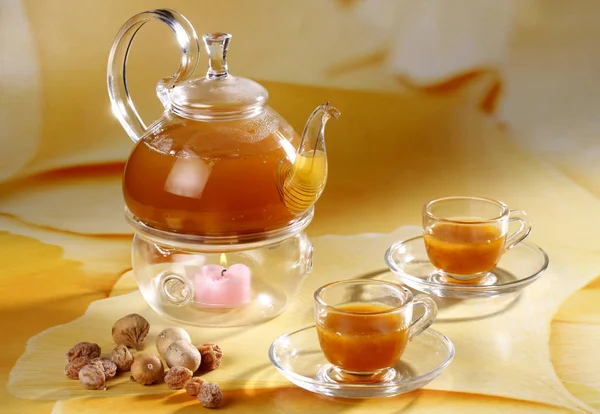 Closeup of restaurant fig tea set on table