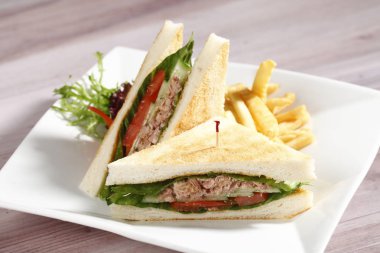 Dilimlenmiş etli sandviç tablo ile beyaz plaka closeup 