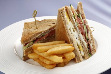 Dilimlenmiş etli sandviç tablo ile beyaz plaka closeup 