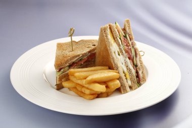 Dilimlenmiş etli sandviç tablo ile beyaz plaka closeup 