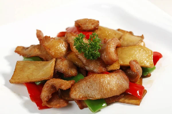 Brasser Porc Frit Les Champignons Vue Rapprochée — Photo