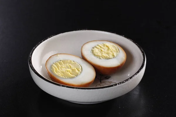 Nahaufnahme Von Gekochten Eiern Chinesisches Essen Über Tischhintergrund — Stockfoto