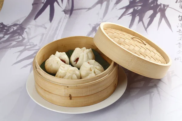 Closeup Bamboo Container Steam Buns — Stock Photo, Image