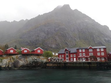 Norveç, Lofoten 'in rahat kırmızı evleri.
