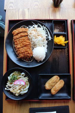 High angle shot of the Japanese traditional food fried pork chop set
