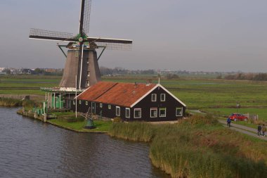 Hollanda 'da yel değirmenine giden turistler