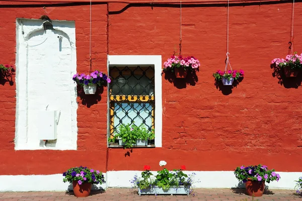 Květináč visí pod střechou u červené zdi — Stock fotografie