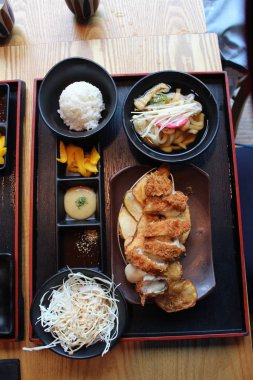 High angle shot of the Japanese traditional food fried pork chop set