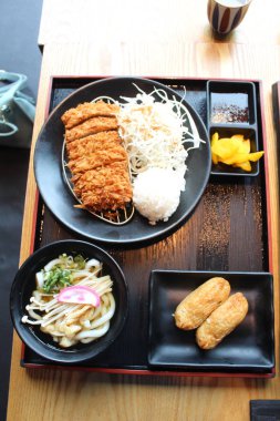 High angle shot of the Japanese traditional food fried pork chop set