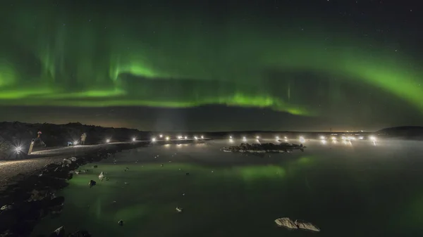 Island Blue Lagoon Aurora Borealis Obloze Jasné Zářící Světla — Stock fotografie