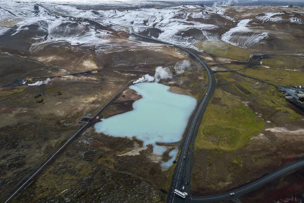 Bird view of blue lake in Iceland