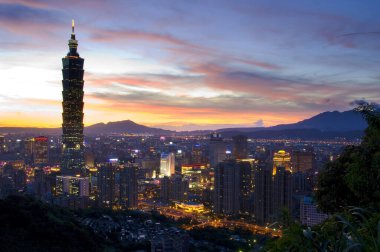 Taipei, Tayvan 'da gün batımında 101 numaralı bina.