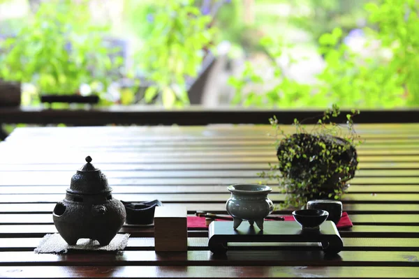 Tea Pot Set Wooden Table — Stock Photo, Image