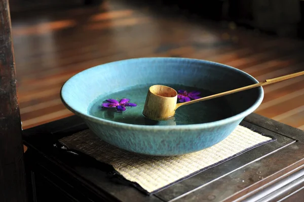Bamboo Spoon Blue Bowl — Stock Photo, Image