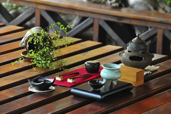 Tea Pot Set Wooden Table — Stock Photo, Image