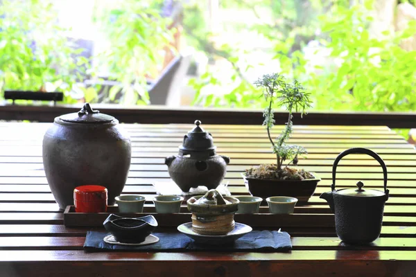 Tea Pot Set Wooden Table — Stock Photo, Image