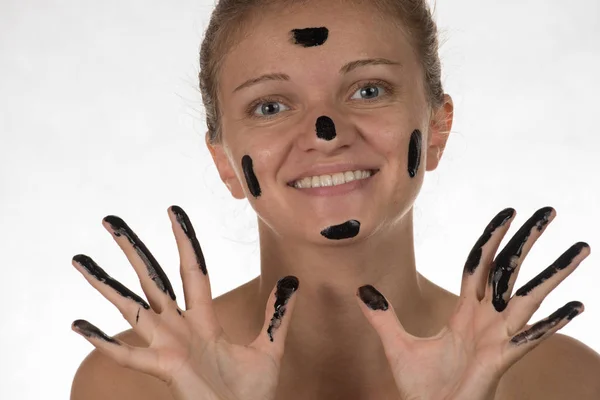 Happy beautiful girl with acne on a white background in a cosmet — Stock Photo, Image