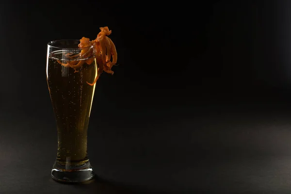 Cerveja dourada em uma garrafa e em um copo e lanche nozes, lulas e — Fotografia de Stock