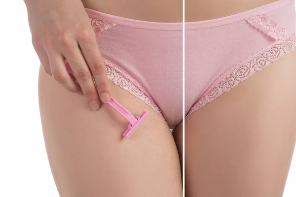 Bikini bölgesi ile bir eğleneceğimi saçında bir kız külot içinde tıraş