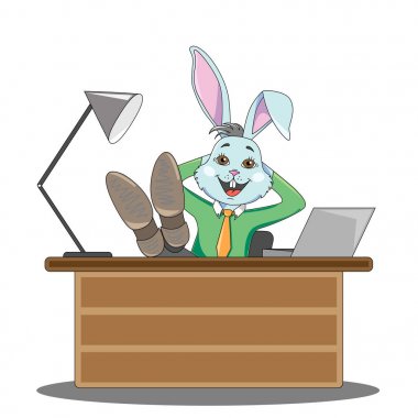 Tavşan Yöneticisi bir erkek elbisesi içinde office masada oturuyor olması 