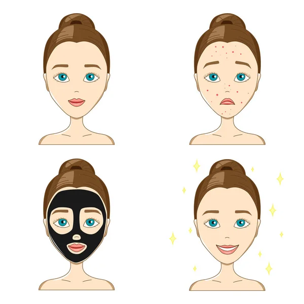 The sad face of a girl with pimples, with a black mask and after — Stock Vector