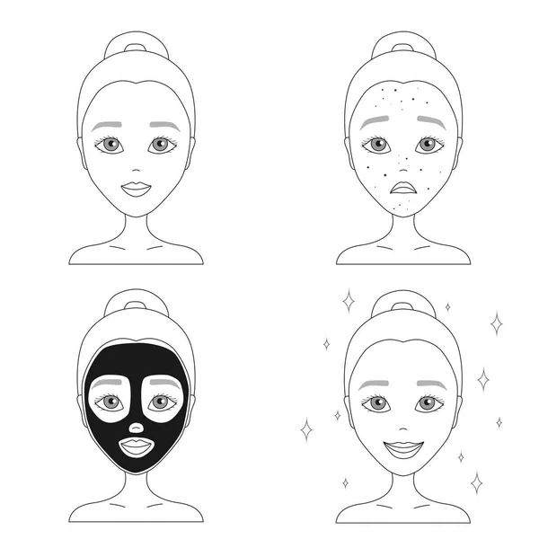 Contour drawing of a sad face of a girl with acne, with a black — Stock Vector