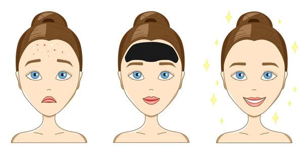 The sad face of a girl with pimples, with a black mask and after — Stock Vector