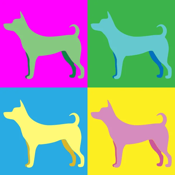 Silueta de un perro en el estilo del arte pop en rosa, azul, amarillo — Vector de stock