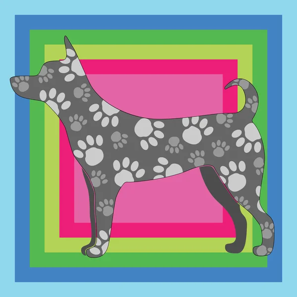 Silueta de un perro en el estilo del arte pop en rosa, azul, amarillo — Vector de stock