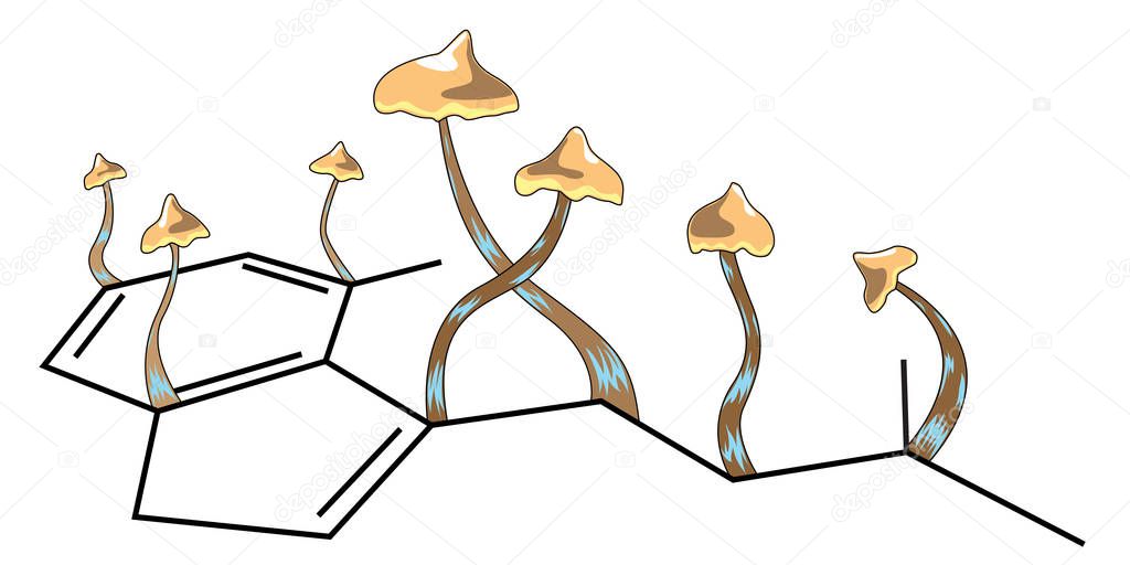 Molecule of psychotropic substance psilocybin and several fungi 