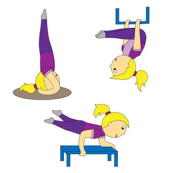 Uma menina dos desenhos animados em posturas diferentes do ioga é simples e arejado, um —  Vetores de Stock