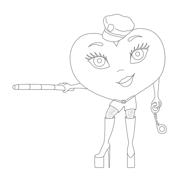 Περίγραμμα καρδιά κινουμένων σχεδίων σε ένα κοστούμι σέξι αστυνομία με μπατόν και han — Διανυσματικό Αρχείο