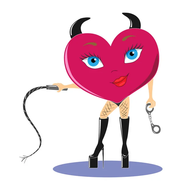 Una caricatura para una chica sexy con cuernos en forma de corazón rojo — Vector de stock