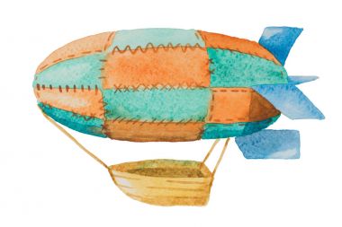 Beyaz bir arka plan üzerine suluboya içinde çizilmiş bir sepet ile karikatür zeplin