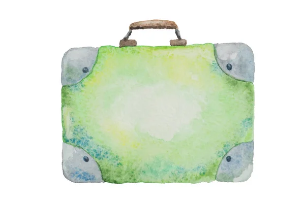 Ilustración de una maleta verde para acuarela pintada de viaje — Foto de Stock