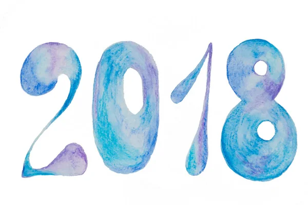 Mooie cijfers van de New Year 2018 blauw geschilderd in aquarel op een achtergrond — Stockfoto