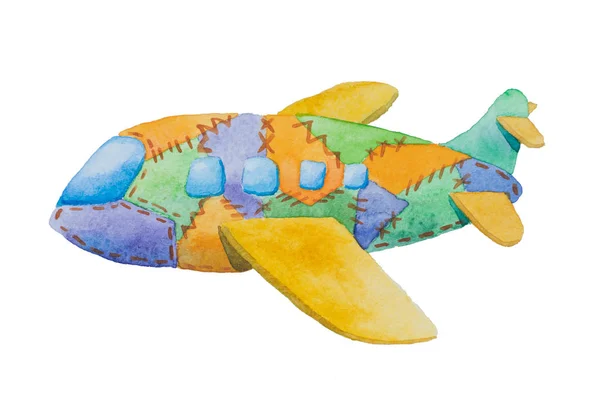 Avião de brinquedo multicolorido com janelas azuis pintadas em aquarela — Fotografia de Stock