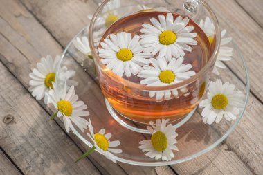 Bir yaz güneşli mo üzerinde ahşap bir masa üzerinde papatya ile bitkisel çay