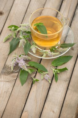 Bir cam kupa ile altın çay yaprakları ve yaz aylarında çiçek standları bir daire ve bir ahşap masa nane
