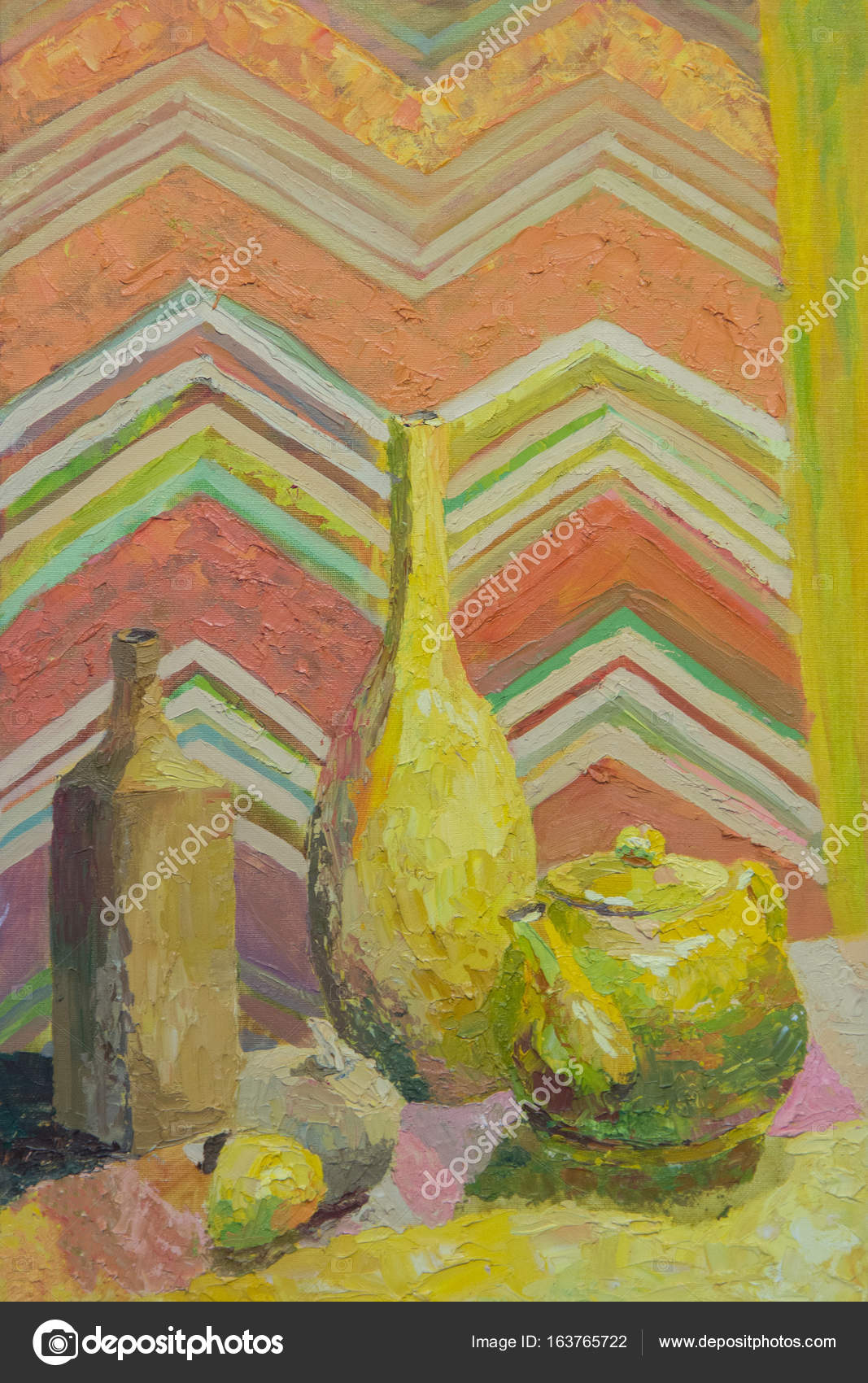 Still Life Written In Oil Bottles And Teapot In Yellow With