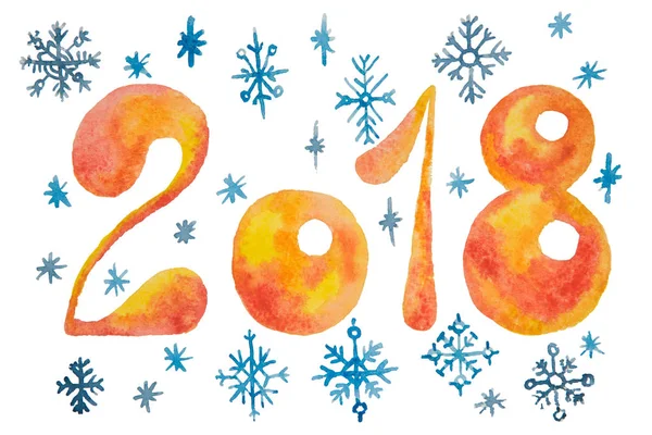 水彩で描かれた青い雪で新年のオレンジ色の数字 — ストック写真
