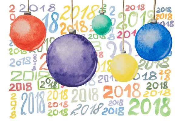Кілька різних кольорів на Новий 2018 рік і різдвяні кульки, пофарбовані в акварель на білому тлі — стокове фото