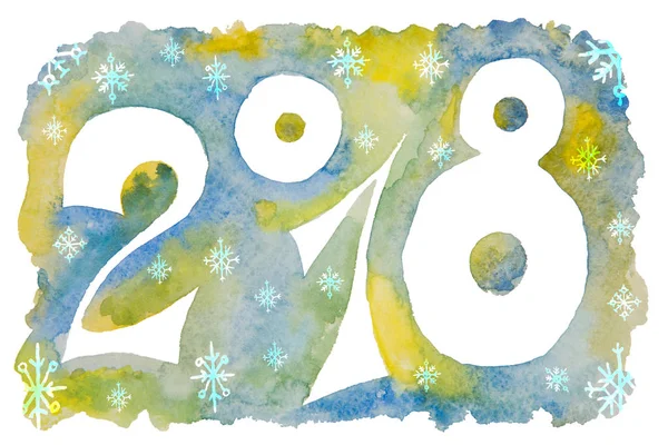水彩で描いた雪の結晶の新しい年のための数字 — ストック写真