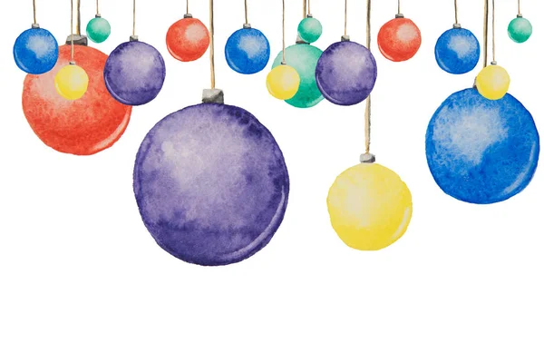 Várias bolas de Natal multi-coloridas pintadas com aquarelas h — Fotografia de Stock