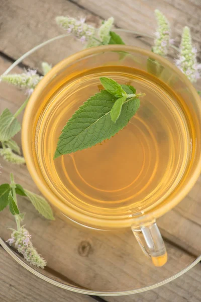 Altın çay yaprakları ve nane çiçek st ile ile ile bir cam kupa