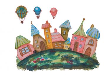 Fabulous houses on a meadow and above them balloons painted with watercolor markers on a white background