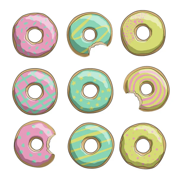 Beyaz zemin üzerine sarı, pembe ve yeşil renklerde tatlı renkli donut çizimi