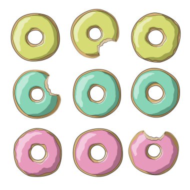 Beyaz zemin üzerine sarı, pembe ve yeşil renklerde tatlı renkli donut çizimi